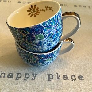 Lilly Pulitzer Blue and White Ceramic Mugs/Floral/ 12 oz. Lot of 2